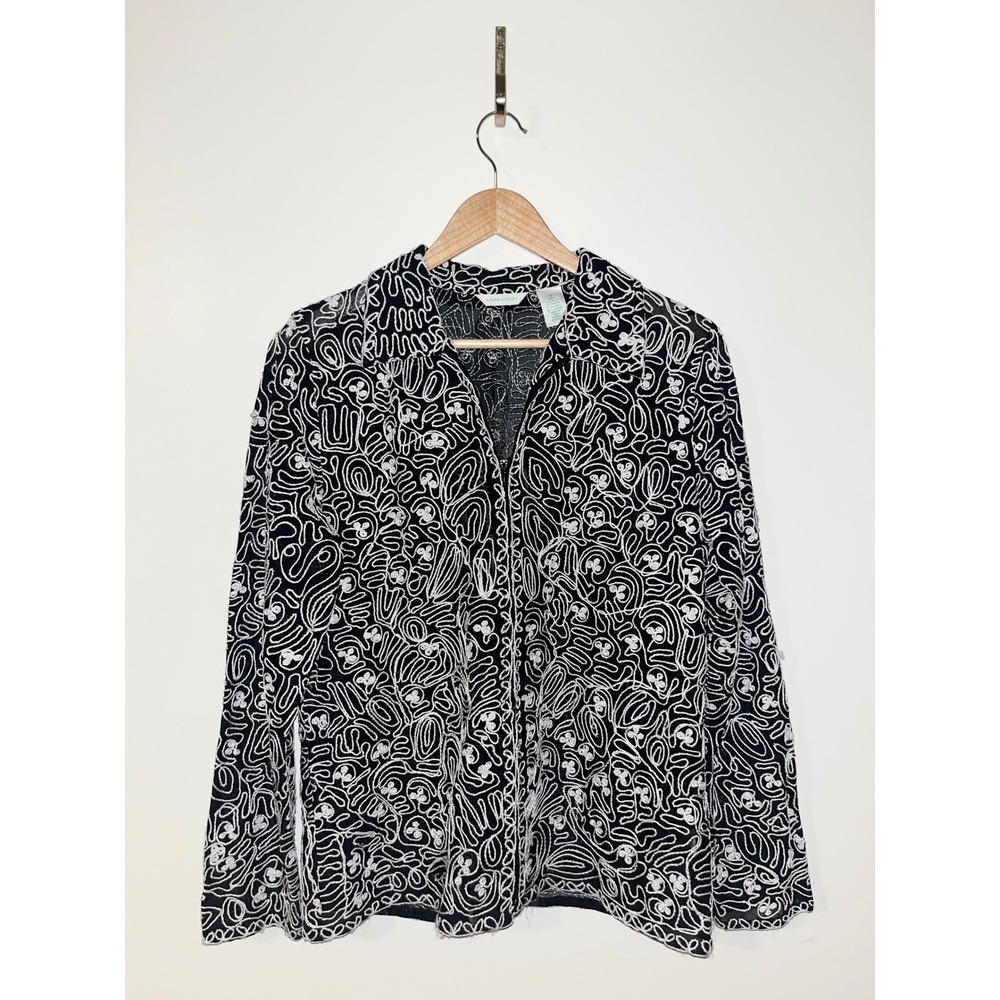 LAURA ASHLEY Vintage‎ Black White Abstract Artsy Print Zip Up Jacket Top | M